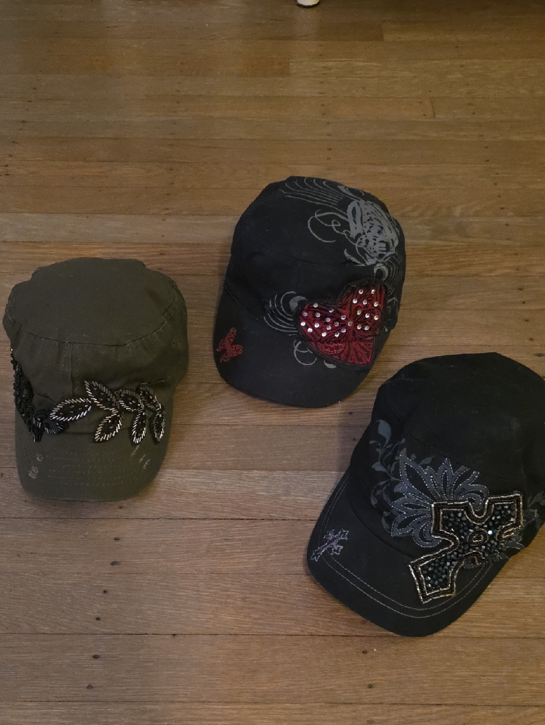 Womens Embellished / Distressed Military Caps / Hats. Set Of 3